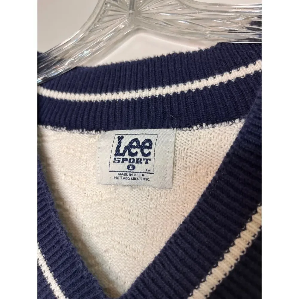 1990s Lee Sport Cream Navy Blue Varsity Tenniscore Prep Country Club Sweater L - Picture 3 of 6